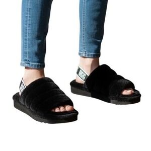 UGG Fluff Yeah Slide Black Sheepskin Slingback Sandals‎ 1095119 Womens Size 9